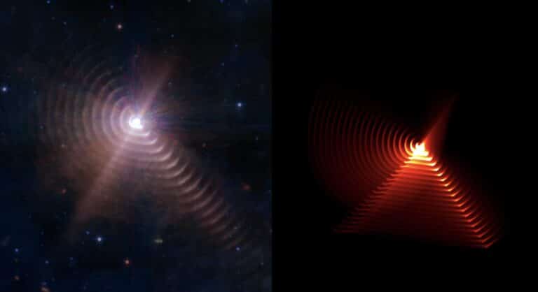 Слева — снимок WR 140, полученный телескопом James Webb. Справа — результаты моделирования системы