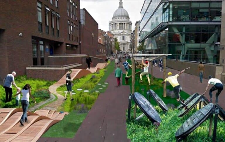 На коллаже показаны элементы «активного урбанизма», как они могут выглядеть на лондонской Сермон-Лейн