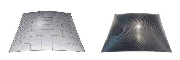 Геометрическая форма (слева) и изготовленная в рамках исследования из полимерного композита модель конструкции (справа) размером 30 см × 30 см / ©Анастасия Москалева / Сколтех