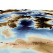 Размеры кратера Жаманшин в Казахстане: предыдущая оценка показана черным пунктиром, новая — красным