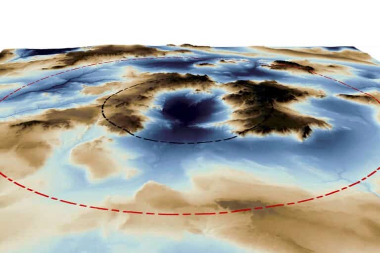 Размеры кратера Жаманшин в Казахстане: предыдущая оценка показана черным пунктиром, новая — красным