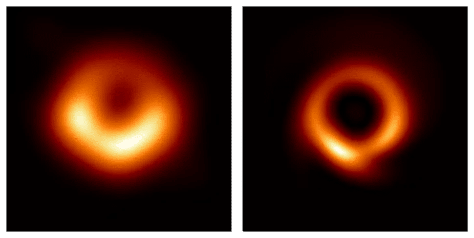 Сравнение изображений черной дыры, расположенной в центре галактики M87 до (слева) и после (справа) повышения резкости с помощью алгоритма PRIMO / ©Medeiros et al. 2023