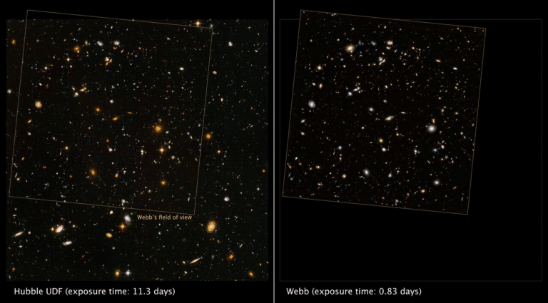 Сравнение изображений телескопа «Хаббл» (слева) и «Джеймс Уэбб» (справа) / ©NASA