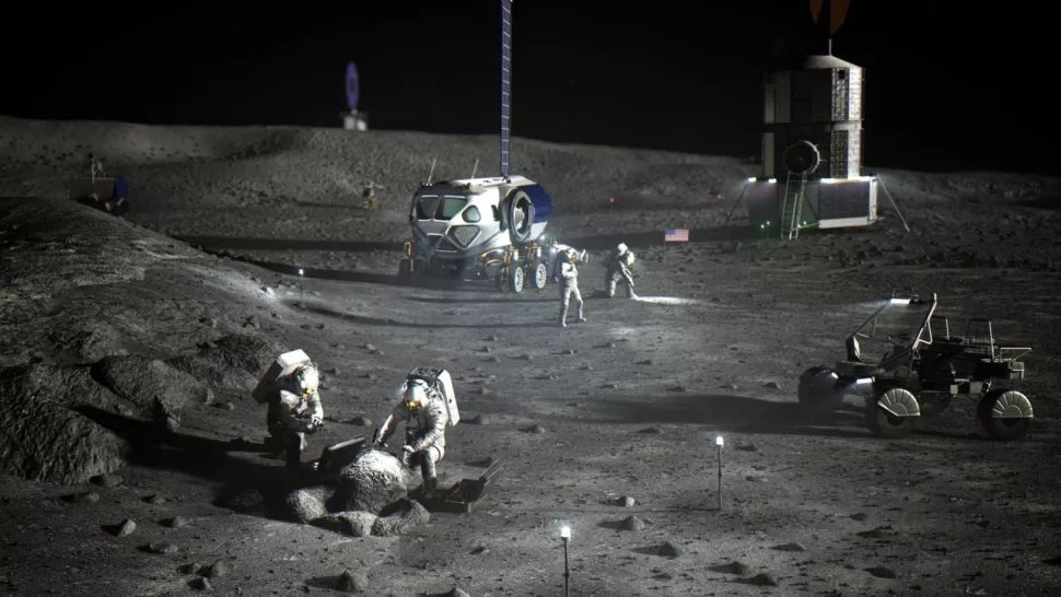 Художественное изображение астронавтов на южном полюсе Луны / ©NASA