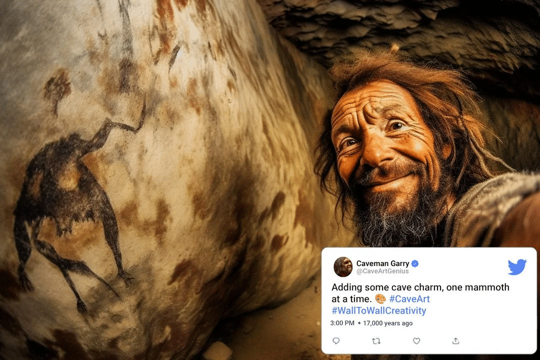 Пещерный человек Гарри: «Добавлю немного пещерного очарования, еще мамонта  #наскальная живопись»  / © Midjourney