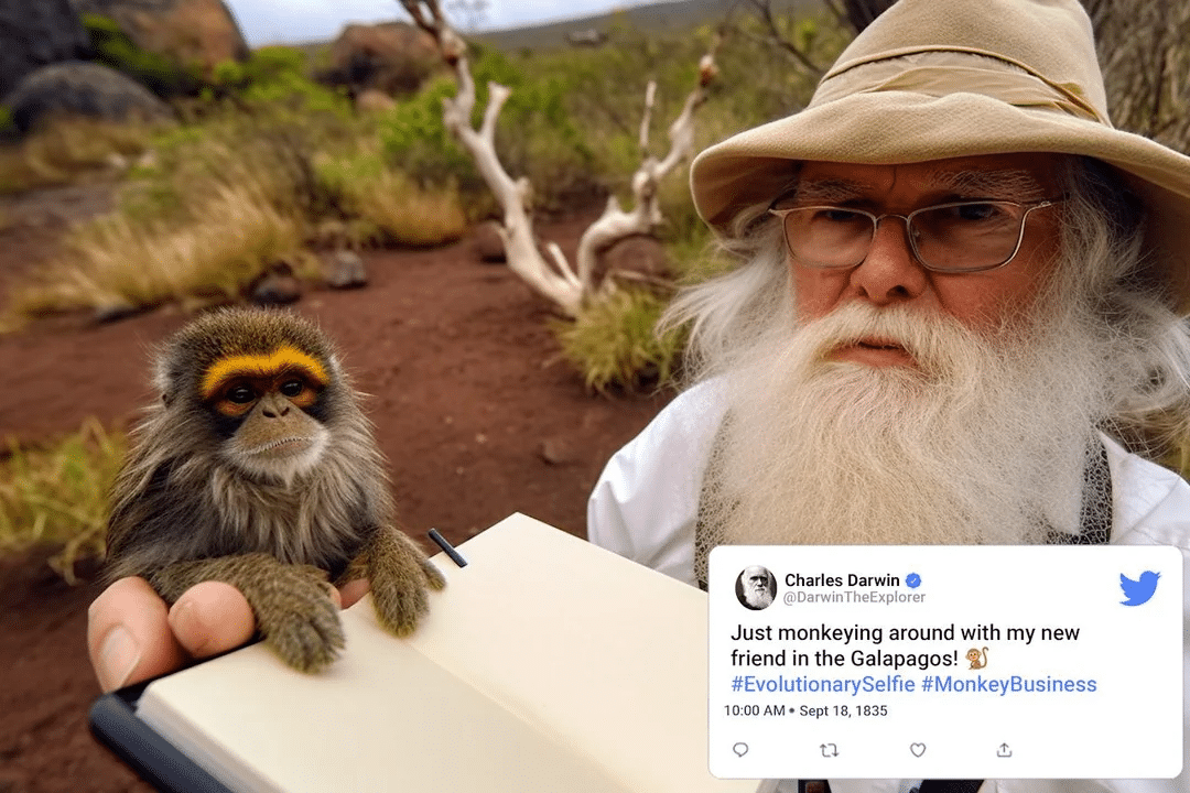Чарльз Дарвин: «Просто дурачусь со своим новым другом на Галапагосах! #эволюционное самосознание» / © Midjourney