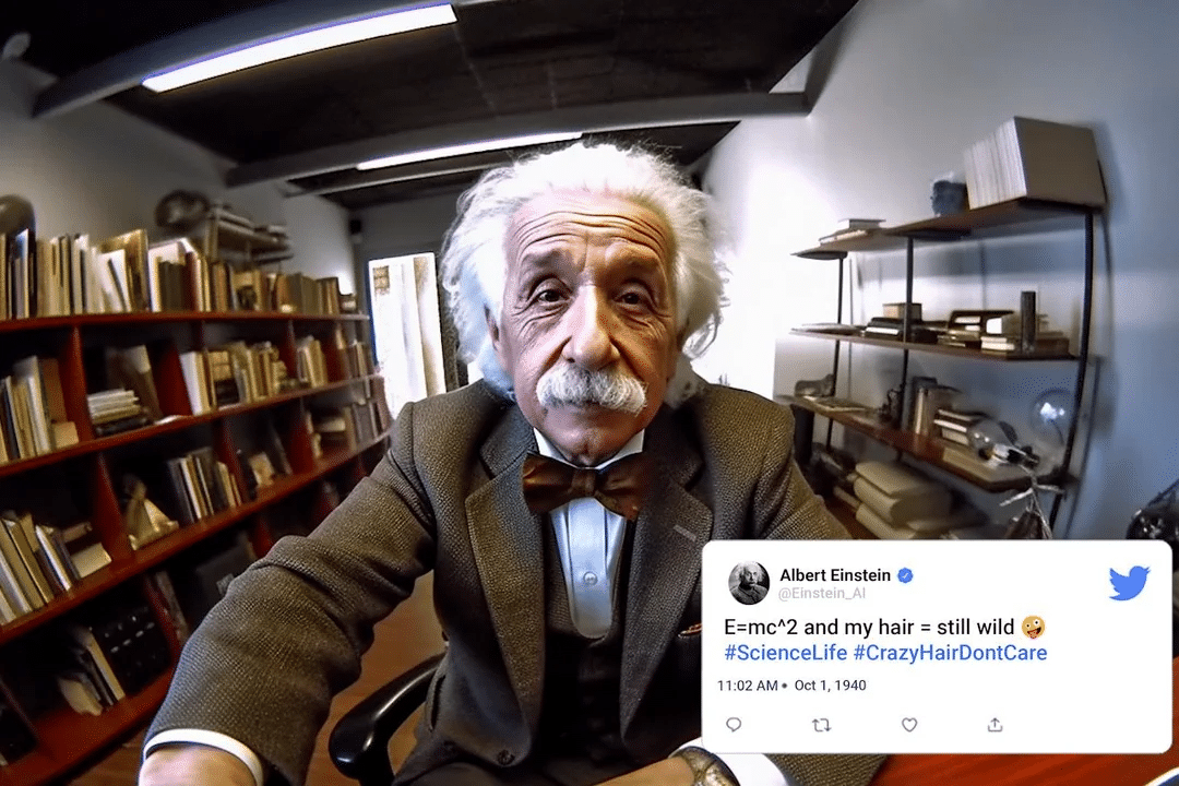 Альберт Эйнштейн: «E=mc*2 и мои волосы = все еще растрепанные #научная жизнь #безумный уход за волосами» / © Midjourney
