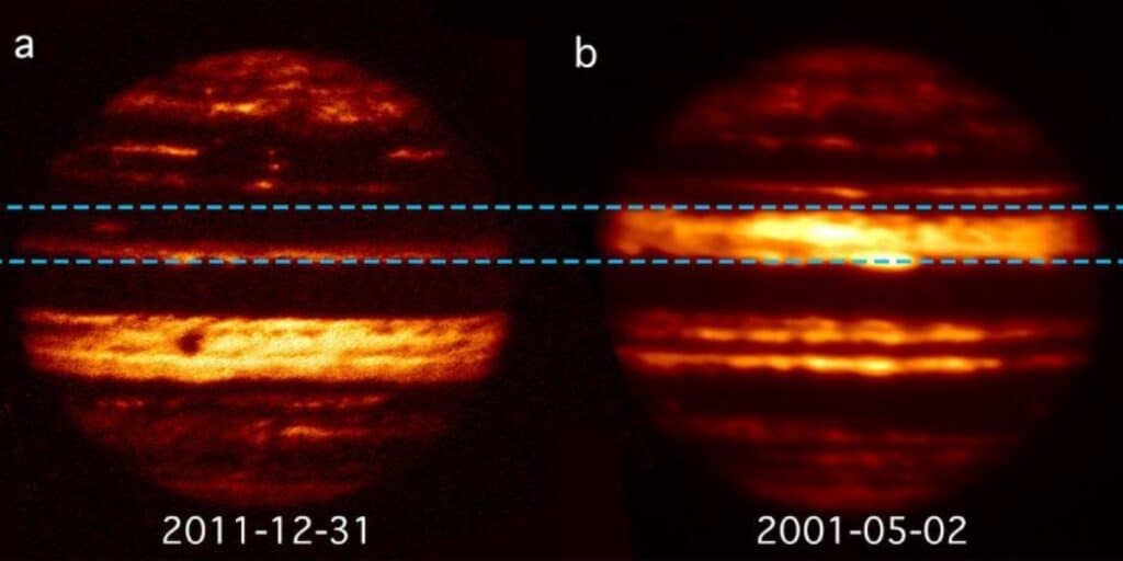 Снимки Юпитера в инфракрасных волнах (пять микрометров) демонстрируют период радикальных изменений его полос