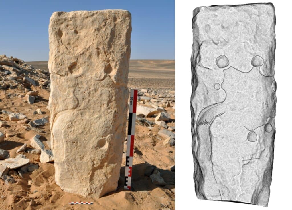Слева — известняк из Иордании, сохранивший «чертеж»; справа — схематическое изображение