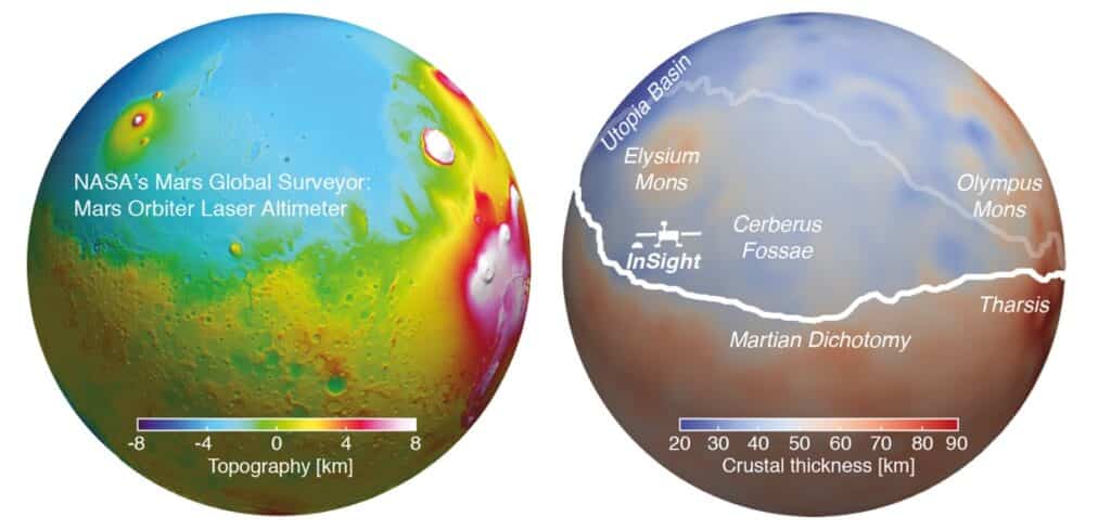 Слева показана топография поверхности Марса, справа — толщина его коры