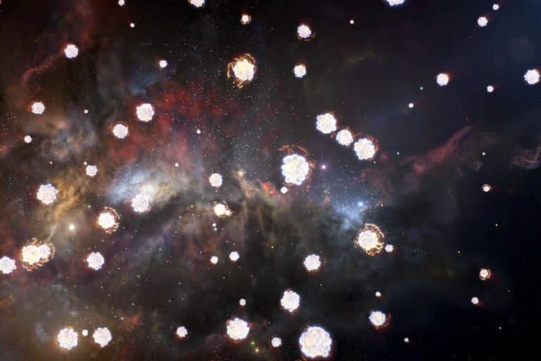 Газовые облака — останки звезд разных поколений — имеют разный химический состав: художественное изображение