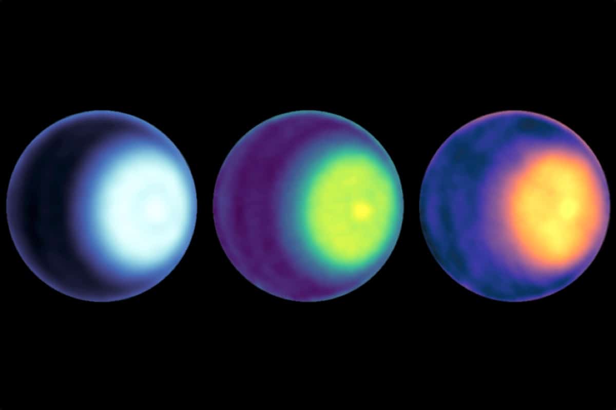 Приполярные области Урана в разных диапазонах микроволн. Сам циклон виден как яркая точка в центре цветовых пятен