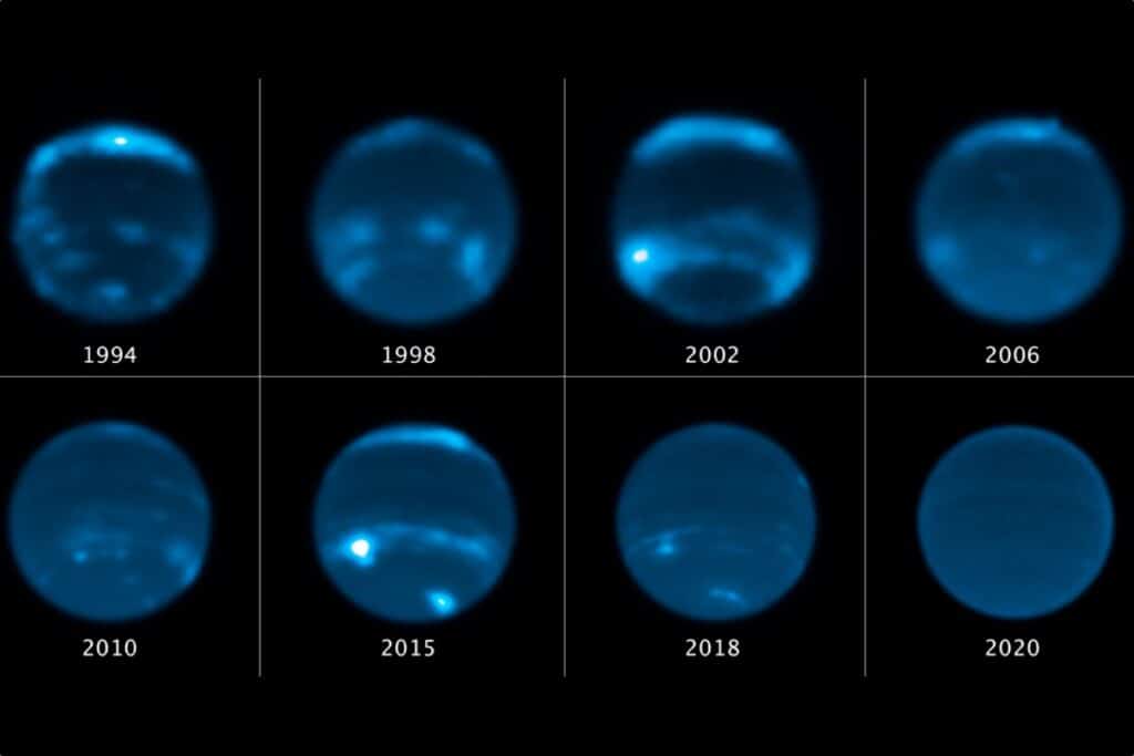 Телескоп Hubble следит за Нептуном уже больше четверти века; на фоне планеты выделяются светлые облака