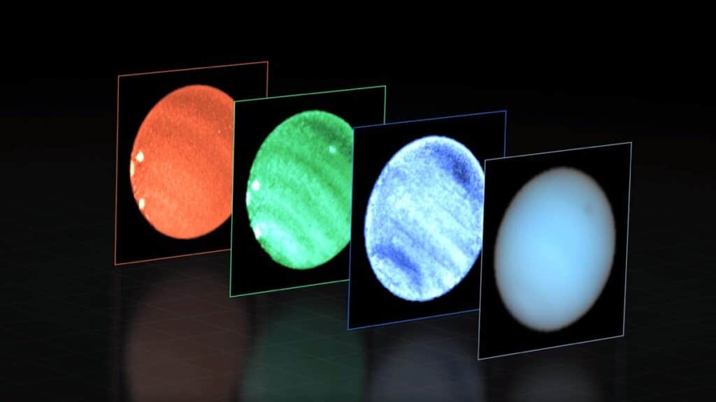 Справа — Нептун в «естественных» цветах. Левее показаны изображения, полученные MUSE на разных длинах волн. Темное пятно заметнее всего на 831 нанометре: такие волны способны проникать довольно глубоко в атмосферу газового гиганта