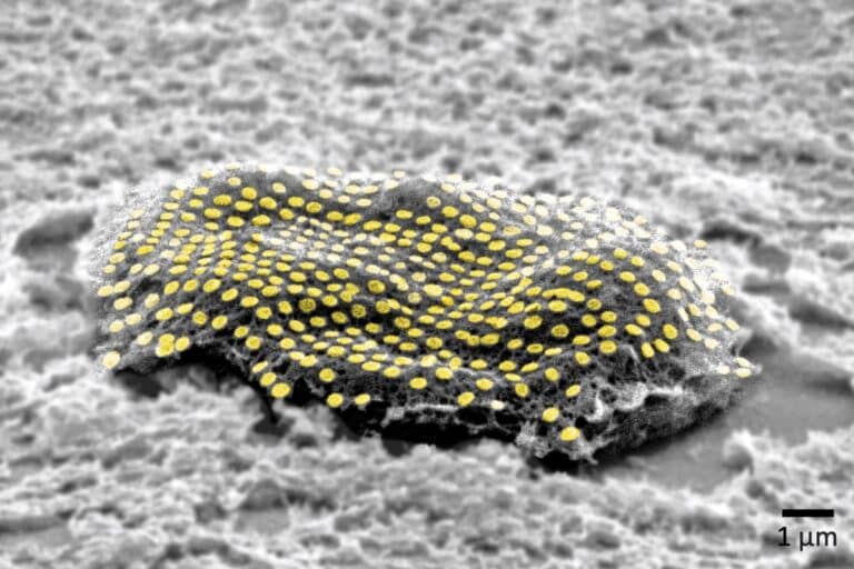 Золотая микросхема на поверхности фибробласта