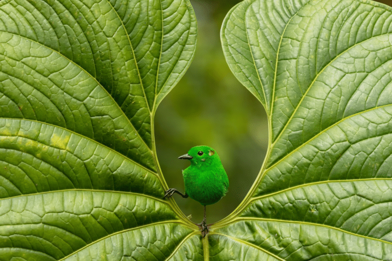 Ярко-зеленая птица сидит на идеальном листе / © Nicolas Reusens
