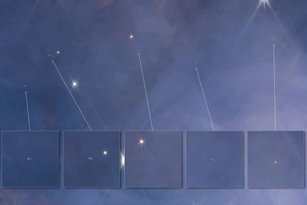 Планетоподобные тела, которые запечатлел телескоп «Джеймс Уэбб». Такие объекты движутся парами и не привязаны гравитационно ни к одной звезде / © NASA, ESA, Mark McCaughrean & Sam Pearson