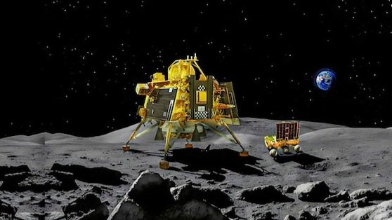 Спускаемая платформа «Викрам» и луноход «Прагьян» на Луне, взгляд художника / © ISRO