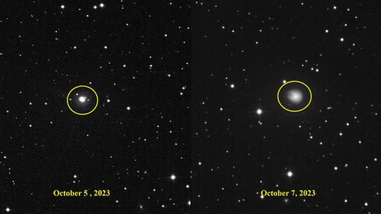Сравнительные изображения кометы 5 октября (слева) «без  рогов» и 7 октября (справа) с «рогами» / © Eliot Herman 