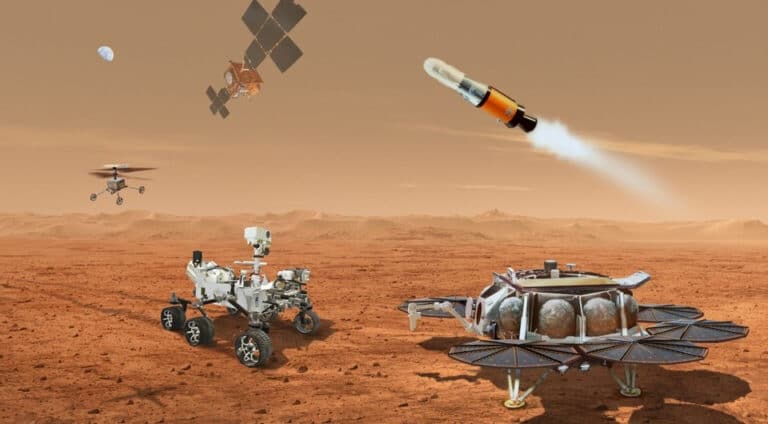 Художественное изображение проекта доставки образцов марсианского грунта на Землю (MSR) / © NASA / JPL-Caltech 
