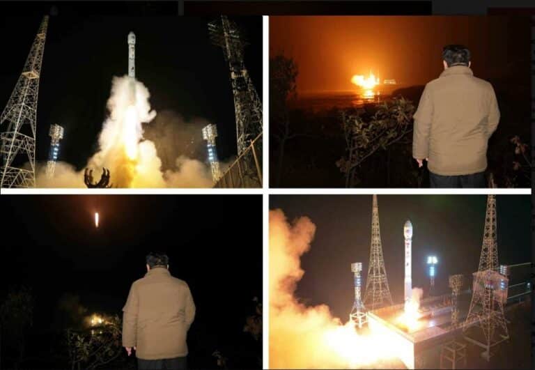 Коллаж из снимков запуска ракеты «Чхоллима-1», за которым наблюдает Ким Чен Ын / © Rodong Sinmun