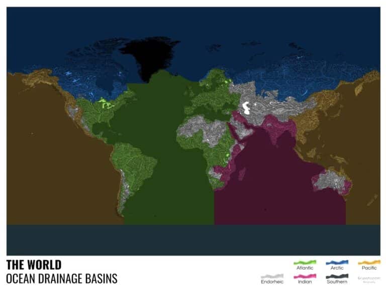 Новая карта показывает, какие реки впадают в Атлантический океан (отмечен зеленым цветом), Северный Ледовитый океан (синим), Тихий океан (оранжевым) и Индийский океан (розовым), серый цвет — не впадают ни в один из океанов / © Grasshopper Geography