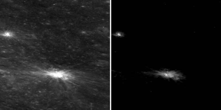 Кратер Шиоли (яркое изображение чуть ниже центра снимков) / © NASA / GSFC / Arizona State University