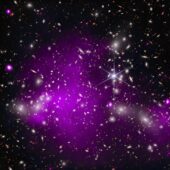 На этой иллюстрации совмещены рентгеновские данные обсерватории «Чандра» (фиолетовый) с инфракрасными данными телескопа «Джеймс Уэбб» (красный, зеленый, синий). Рекордная черная дыра находится в галактике UHZ1, которая расположена за скоплением галактик Abell 2744