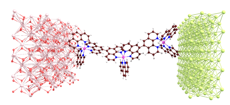 На рисунке изображены два контакта из оксида индия-олова (слева) и алюминия (справа), соединенные «мостиком» из исследуемых молекул (посередине)