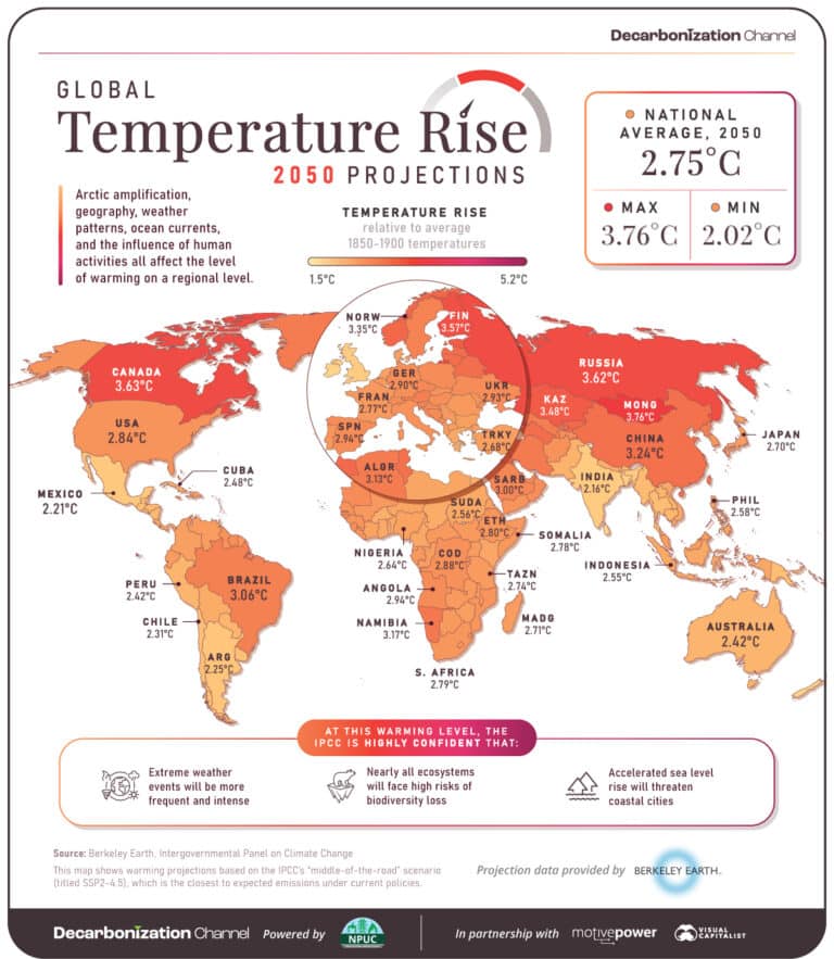 Прогноз изменения глобальной температуры воздуха в странах на 2050 год / © visualcapitalist