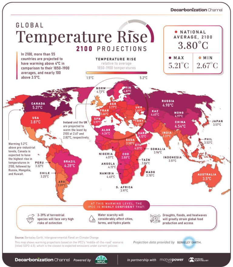Прогноз изменения глобальной температуры воздуха в странах на 2100 год / © visualcapitalist