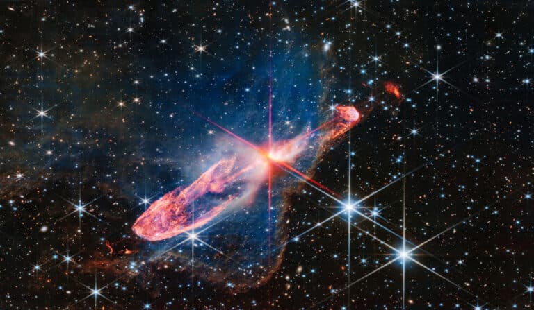 Снимок двух объектов Хербига — Аро 46/47 (Herbig‑Haro, HH 46/47), расположенных на расстоянии 1470 световых лет от Земли / © NASA, ESA, CSA. Image Processing: Joseph DePasquale (STScI)