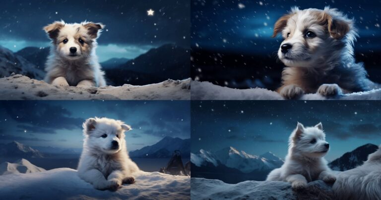 «Пушистый щенок играет на снегу лунной ночью в горах» — Midjourney v5.2 / © Midjourney