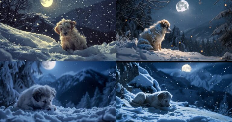 «Пушистый щенок играет на снегу лунной ночью в горах» — Midjourney v6 / © Midjourney