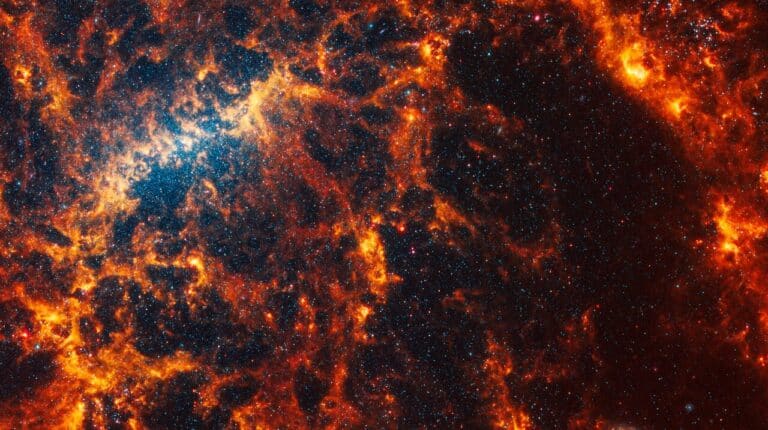 В спиральной галактике NGC 5068 преобладают дыры и пустоты, которые, возможно, образовались в результате взрыва массивных звезд / © NASA, ESA, CSA, STScI, Janice Lee (STScI), Thomas Williams (Oxford), PHANGS Team)
