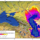 Площадь Каспийского моря при разном уровне воды в нем. Желтым цветом показаны границы распространения Хвалынской трансгрессии моря
