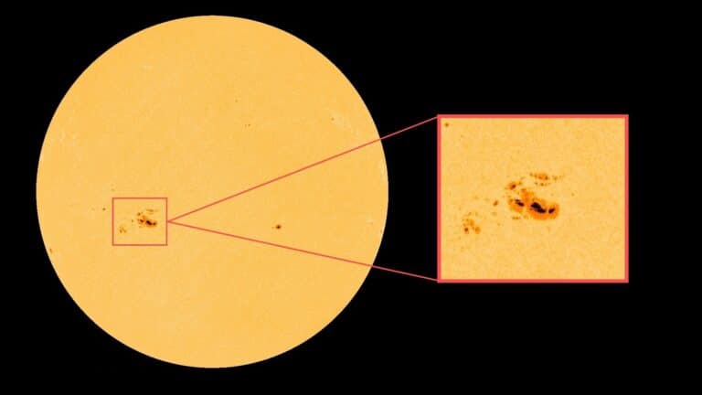 Солнечное пятно AR3576, изображение Обсерватории солнечной динамики NASA / © NASA / SDO and the AIA, EVE, and HMI science teams. Image created in Canva by Daisy Dobrijevic