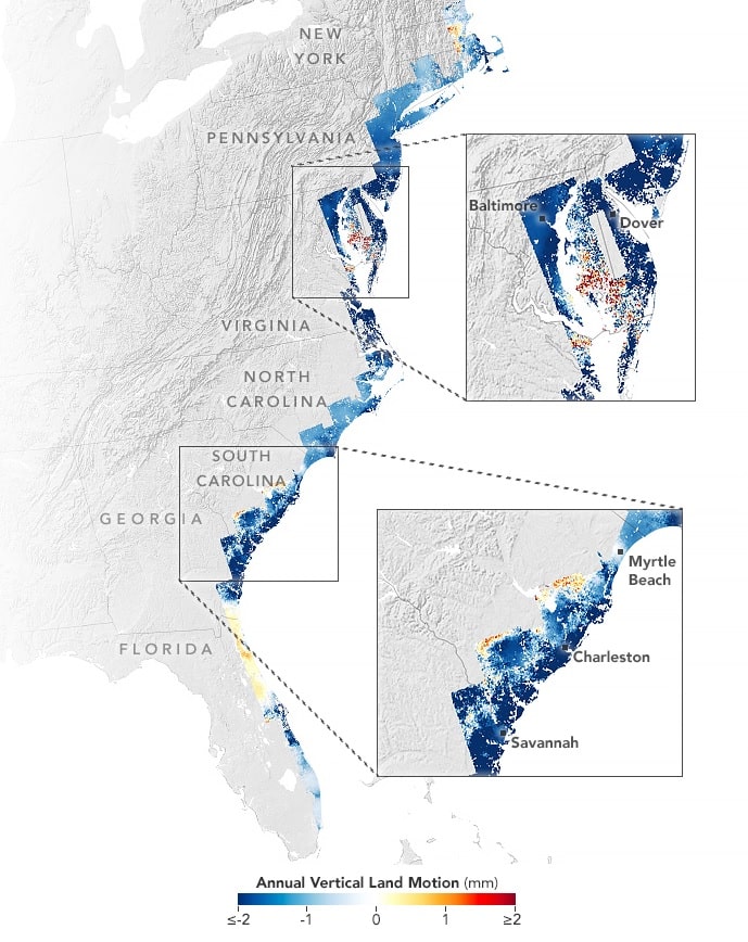Анализ ухода под воду территорий восточного побережья США / © NASA Earth Observatory images by Lauren Dauphin, using data from Ohenhen, Leonard O., et al. (2023)