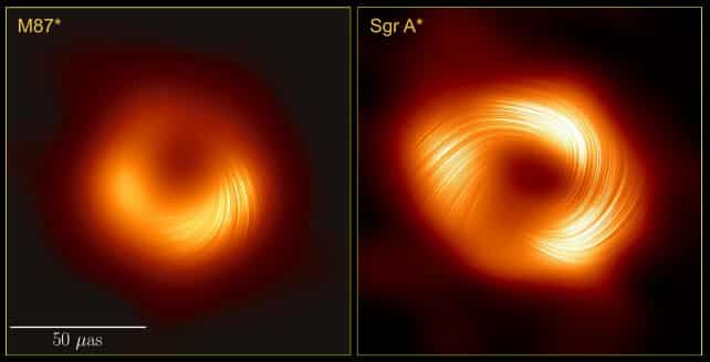 Магнитные поля двух черных дыр: M87* (слева) и Стрелец А* (справа) / © EHT Collaboration