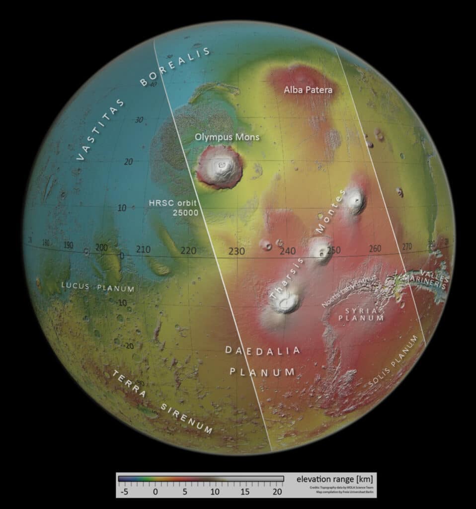 Прямоугольник выделяет область, сфотографированную Mars Express 19 октября 2023 года / © NASA / JPL / USGS / MOLA; FU Berlin