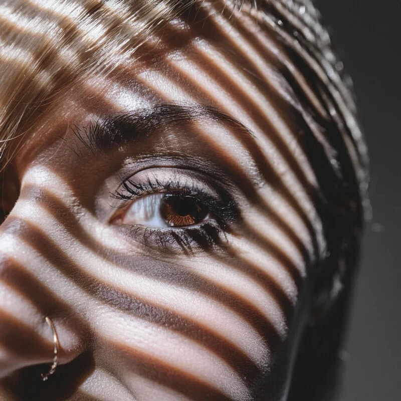 Сгенерированное изображение по подсказке: фотография женщины с полосками солнечного света на лице / © Adobe