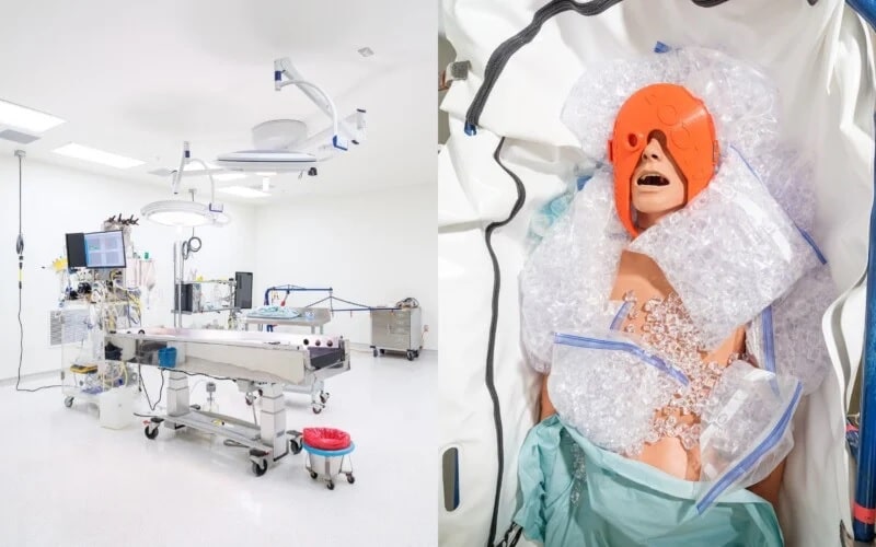 Операционная в Алькоре (слева) и манекен, иллюстрирующий процедуру охлаждения тела после смерти / © Alastair Philip Wiper