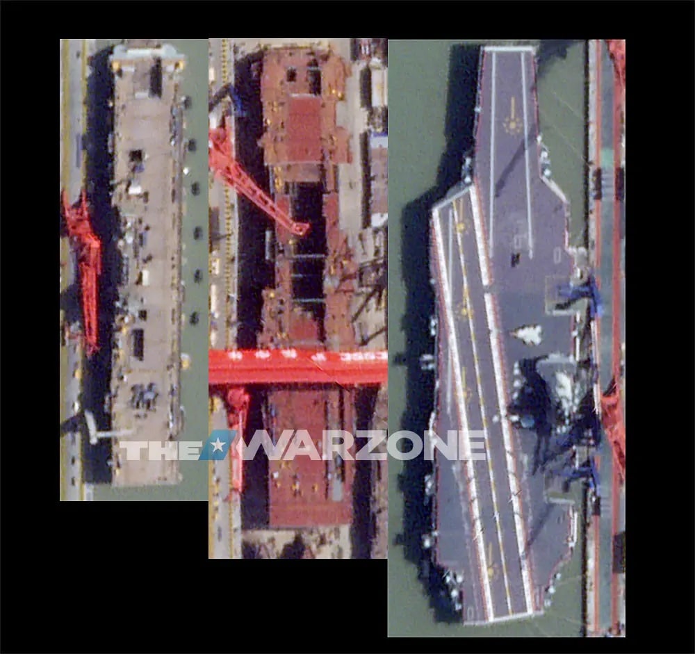 Слева направо: сравнение размеров строящегося десантного корабля Type 075, все еще строящегося Type 076 и авианосца « Фуцзянь» / © Planet Labs / TWZ