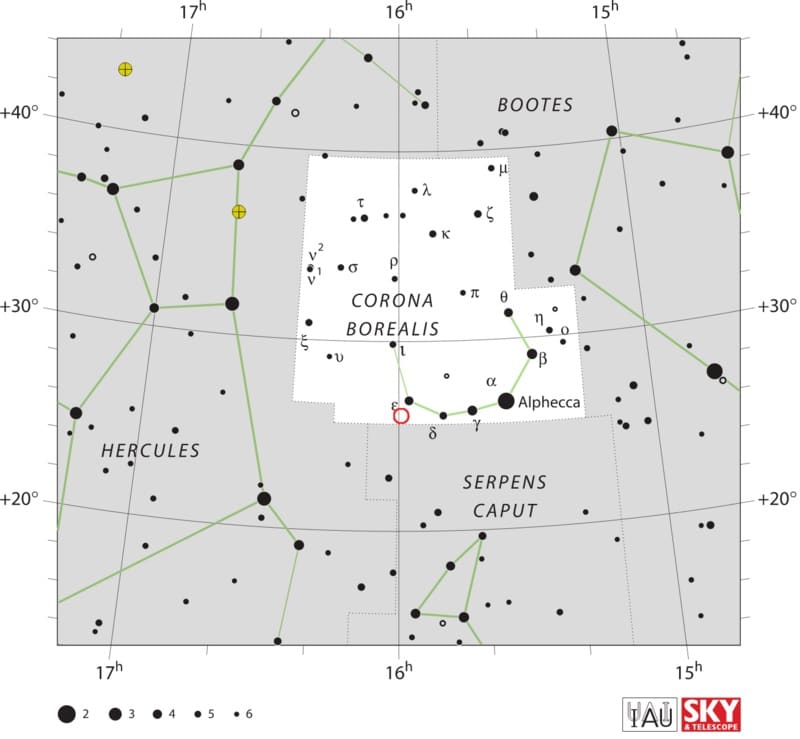 Положение звезды T Coronae Borealis (отмечено красным кружком) в созвездии Северная Корона / © Wikimedia