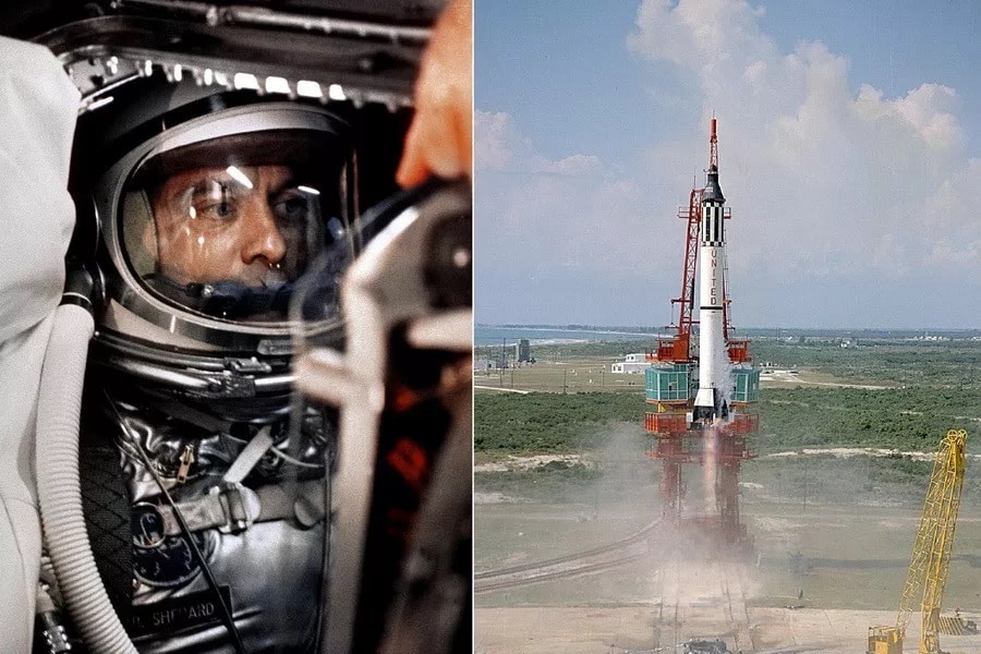 Коллаж с изображением Алана Шепарда и ракеты-носителя «Редстоун-3» с капсулой «Меркурий-Редстоун-3», в которой летал в космос первый американский астронавт / © Wikipedia