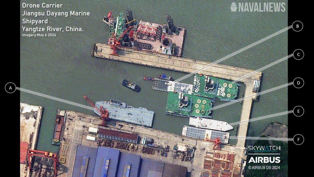 Специализированные китайские корабли — носители БПЛА, (A) новый, ранее неизвестный корабль — носитель дронов с неподвижным крылом, два корабля — носителя дронов (C, D) / © Airbus
