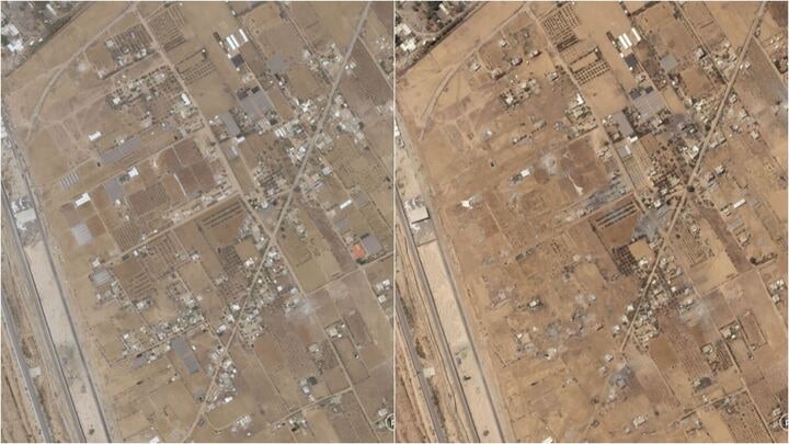  Спутниковые снимки города Рафах в секторе Газа, сделанные 6 и 7 мая / © Planet Labs PBC