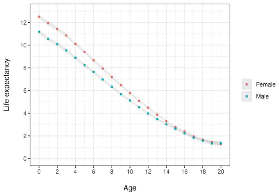 Ожидаемая продолжительность жизни (точка) и 95% доверительный интервал (серая область) для кошек женского и мужского пола в разном возрасте