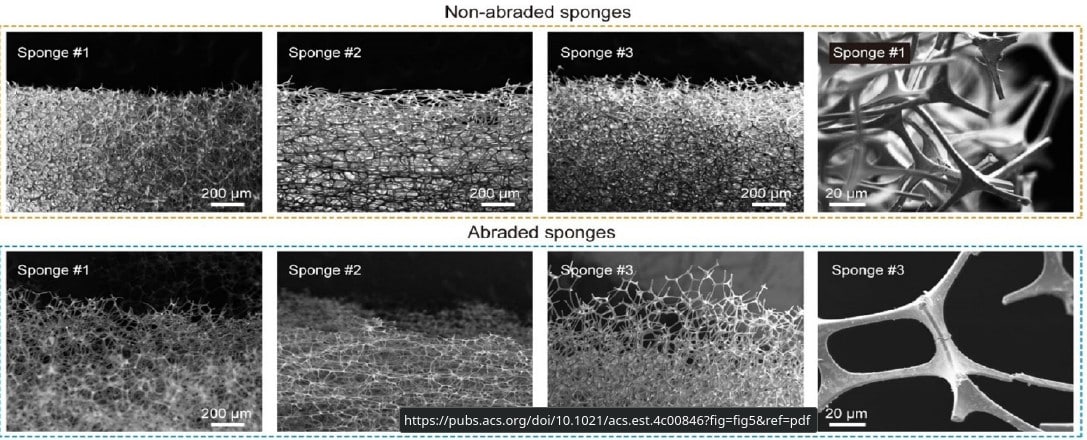 Микрофотографии меламиновых губок до и после истирания, сделанные с помощью сканирующего электронного микроскопа