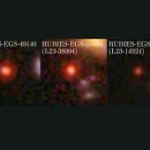 Снимки трех далеких объектов, оказавшихся древними галактиками, наполненными относительно старыми звездами / © Bingjie Wang/Penn State; JWST/NIRSpec
